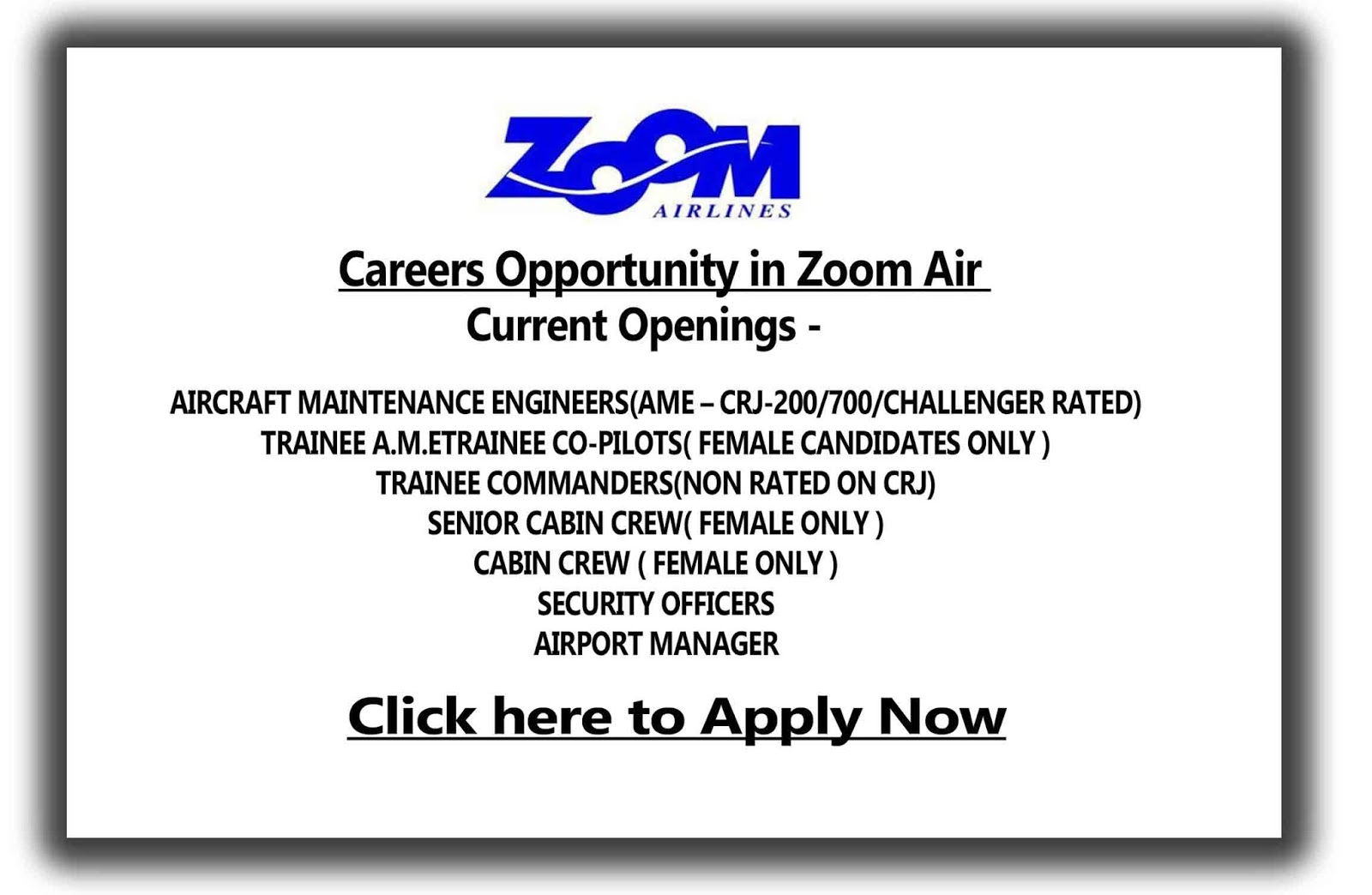 Careers Opportunity in Zoom Air | DGCA 